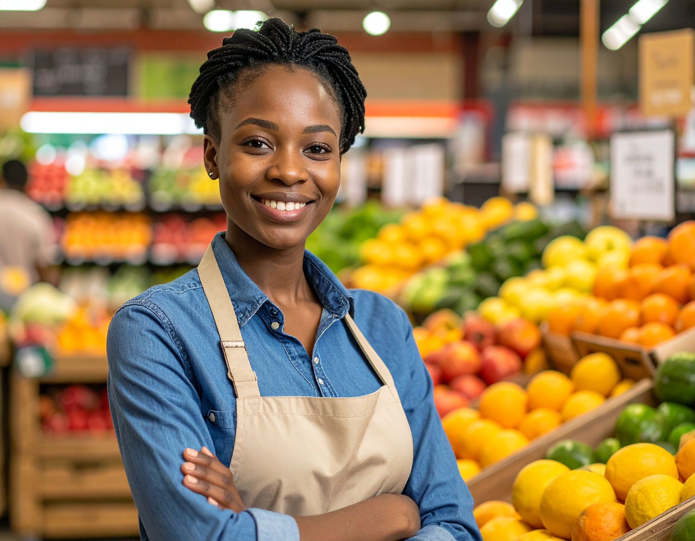 Firefly_une jeune femme noire qui travaille dans un supermarche, elle est debout heureuse der 20323